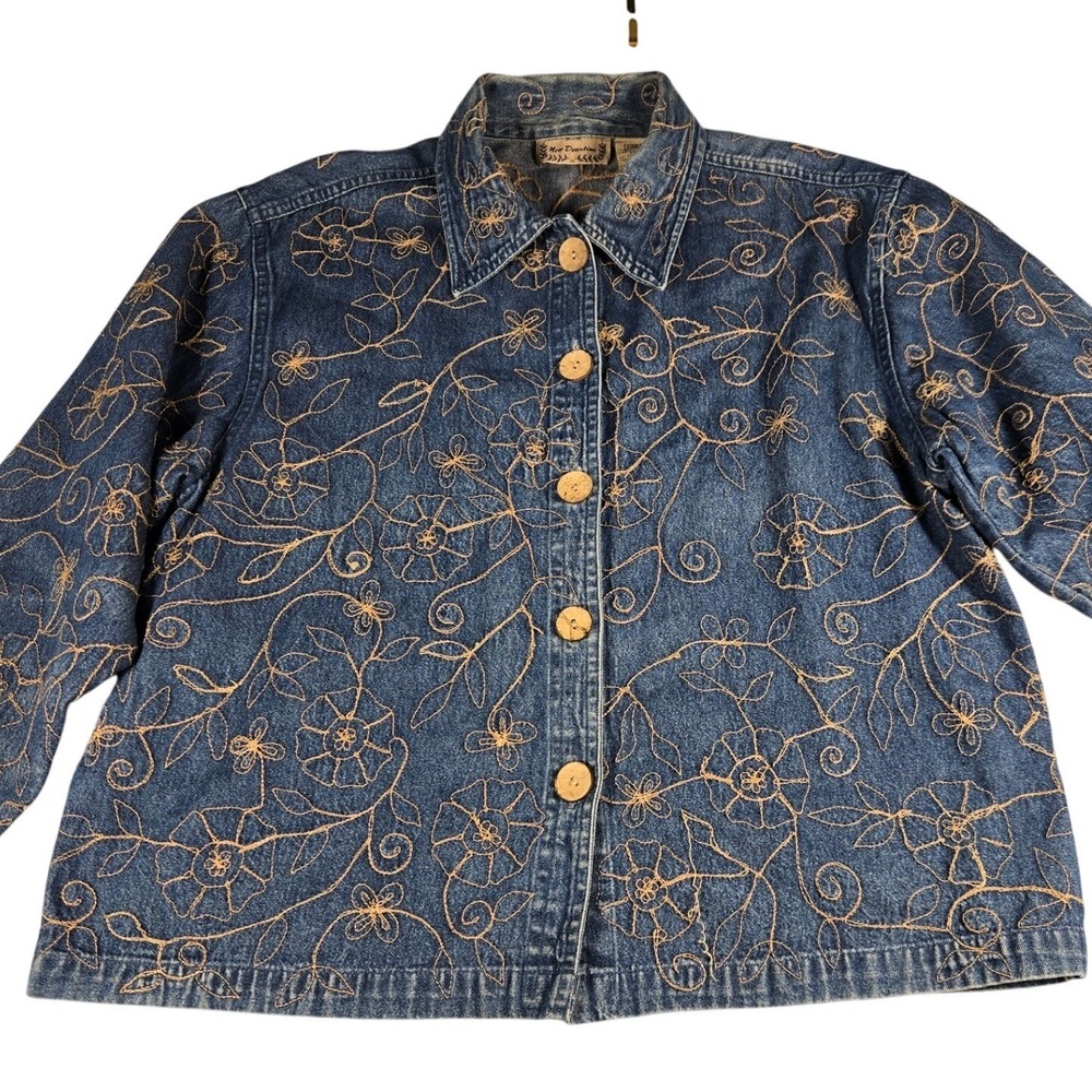 New Direction Womens XL Denim Jacket Blue Floral Embroidered Button Front Cotton